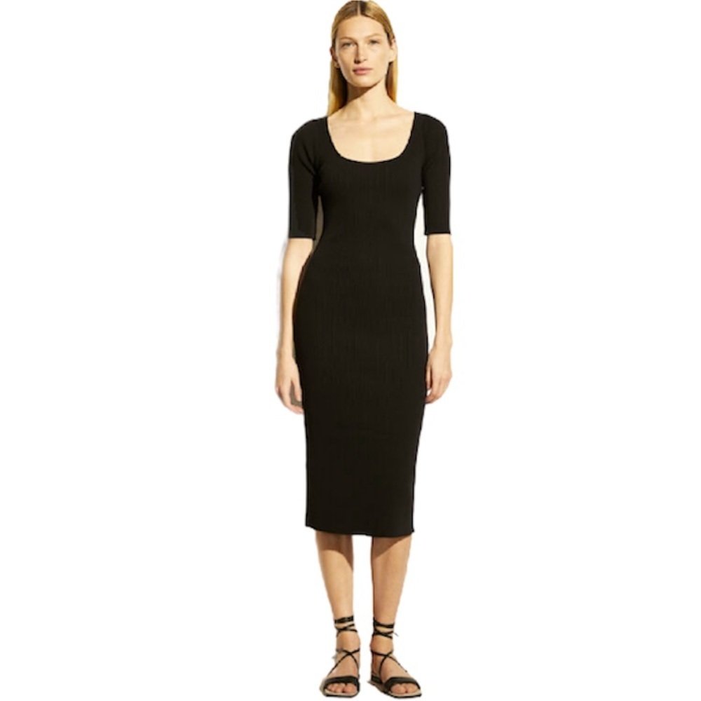 NEW Vince Ribbed Elbow Sleeve Scoop Neck Dress